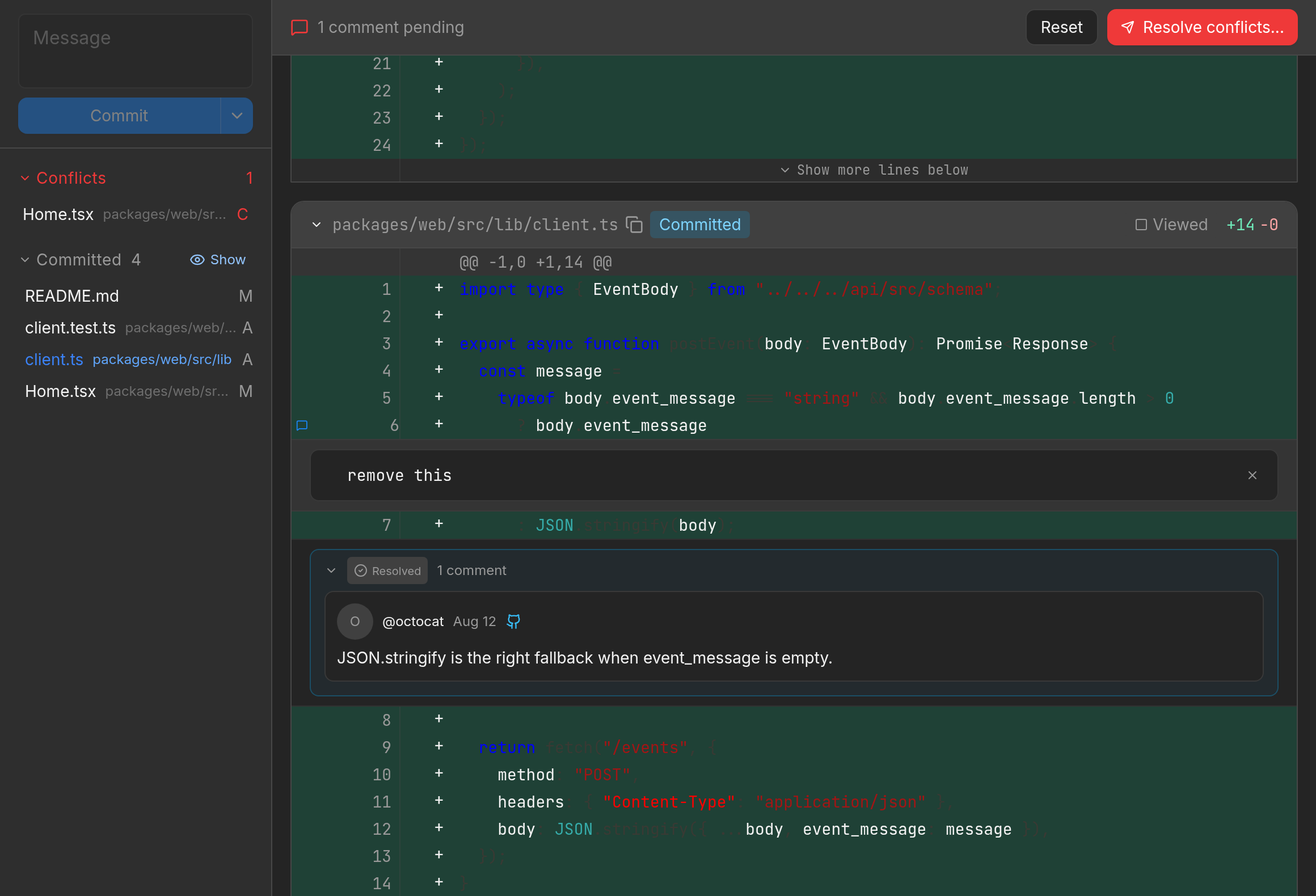 Treq Changes tab with a resolved GitHub review thread and a local comment that says remove this